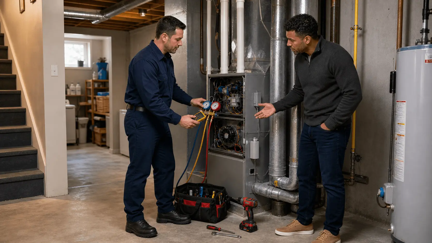 Technician diagnosing a residential HVAC system before recommending repairs.